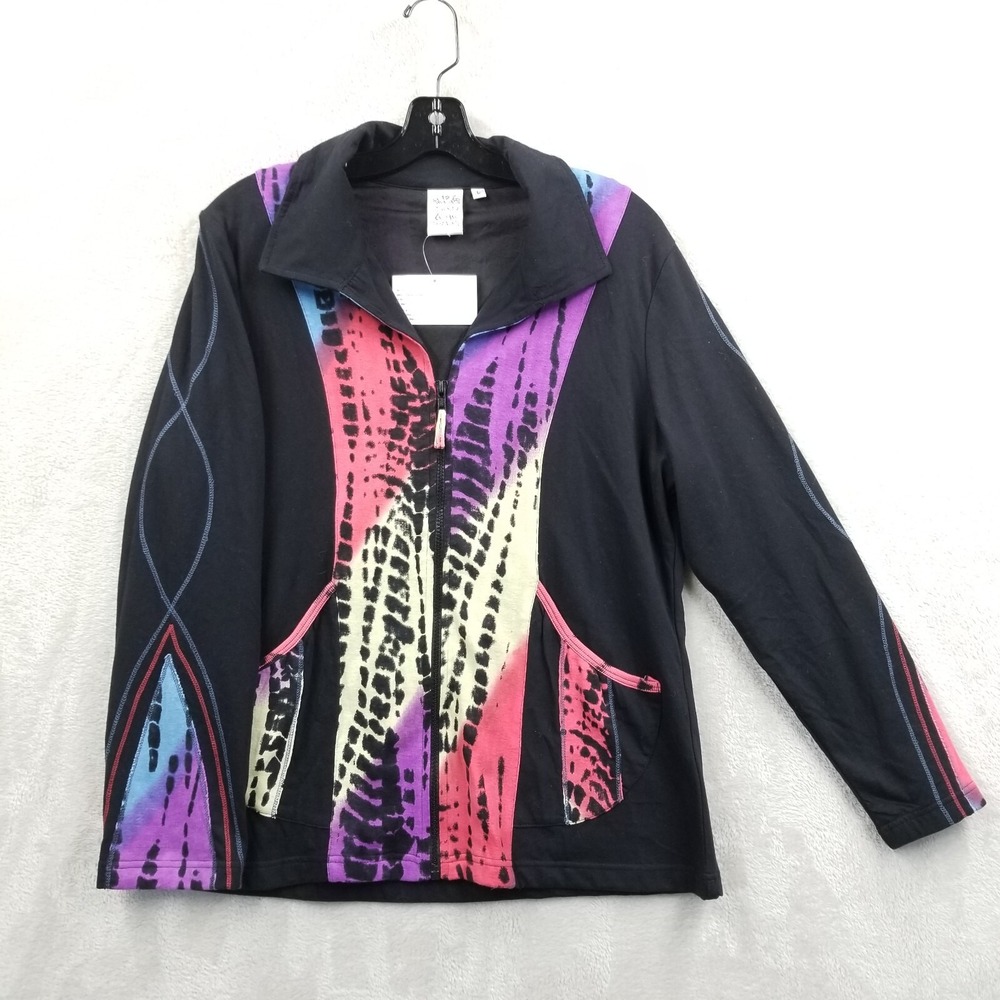 Parsley & Sage Jacket Women L Black Tie Dye‎ Full Zip Pockets Stretch Artsy Boho